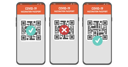 Health Covid Passport and mobile app screen with QR code for verification of immunization after vaccination.の写真素材