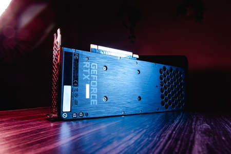 Granada, Spain, December 18, 2021. PNY Nvidia Geforce RTX 3070 Ti gaming graphics card, dark background. Modern desktop. Hardware components for build PC or mining rigのeditorial素材