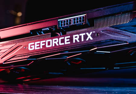 Granada, Spain, December 18, 2021. PNY Nvidia Geforce RTX 3070 Ti gaming graphics card, dark background. Modern desktop. Hardware components for build PC or mining rigのeditorial素材