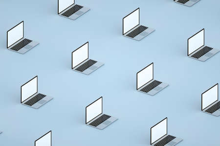 Mockup set of many open laptop on blue background. Isometric view. 3d renderの写真素材