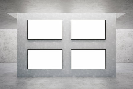 3d illustration. Mockup of a set of four blank advertising posters or screens at outdoorの写真素材