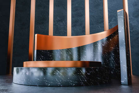 Black marble stand with golden details for product presentation. Elegant and modern scene. 3d renderの写真素材