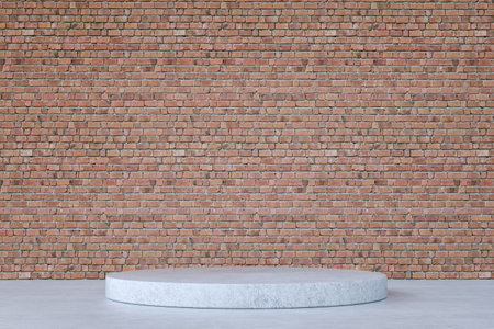 3d render. Empty cylindrical display stage for product presentation with bricks wall backgroundの写真素材