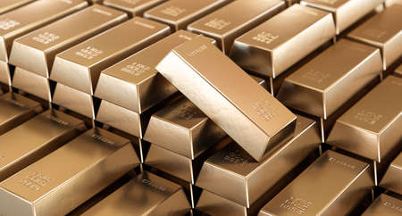 Stack of gold bars, financial and reserve of value concept. Copy space. Studio shotの写真素材