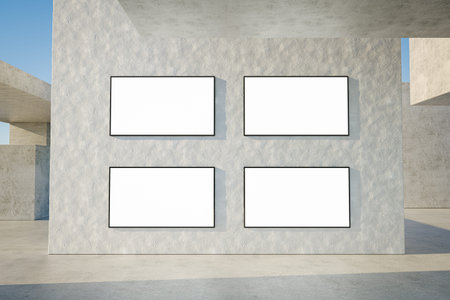 3d illustration. Mockup of a set of four blank advertising posters or screens at outdoor
