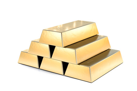 Stack of gold bars, financial and reserve of value concept on white. 3d renderの写真素材