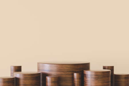 3d illustration. Wooden cylindrical podiums on beige backgroundの写真素材