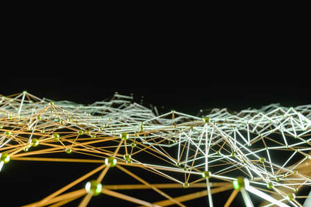 Golden connected lines and dots. Digital background. 3d renderの写真素材