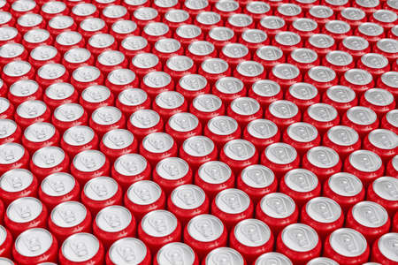 3D illustration. Set of many red metallic aluminum cans. Beverage cansの写真素材
