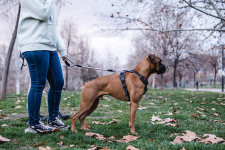 Woman taking her boxer dog for a walk outdoors in the park