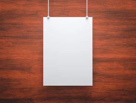 3D render. Mockup of a blank poster hanging on a wood background.の写真素材