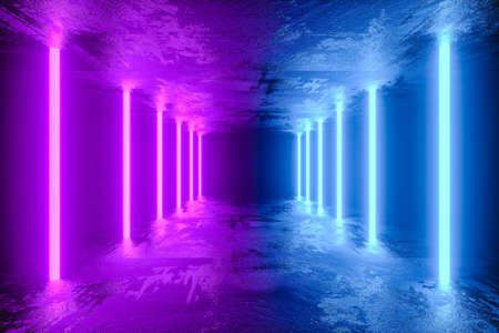 3D illustration. Futuristic concrete corridor with blue and purple neon lights on the side.の写真素材