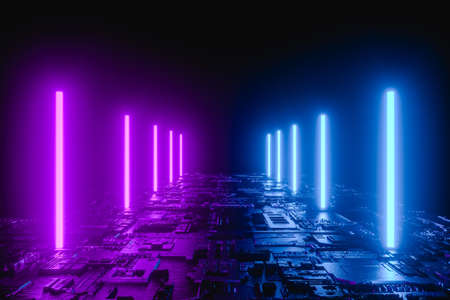 3D illustration. Futuristic corridor with blue and purple neon lights.の写真素材