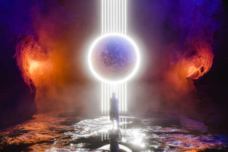 Science fiction scene showing a human viewing moon eclipse. 3d renderの写真素材