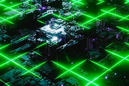 Electronic circuit motherboard with glowing flowing lights. 3d render