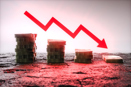 Dollar bills with down arrow, financial crisis. 3d renderの写真素材