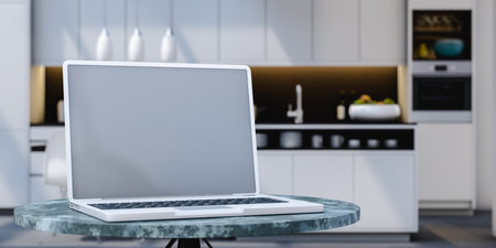 Laptop with blank screen in kitchen. 3d renderの写真素材