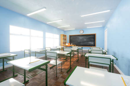 Interior of sunlit classroom with chalkboard. 3d renderの写真素材