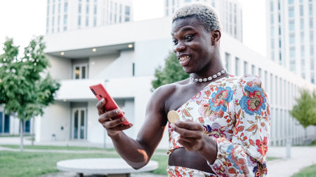 Black African transgender man with a bitcoin in his hand and a cell phone excitedの写真素材