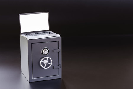 Modern laptop on closed strongboxes. 3d renderの写真素材