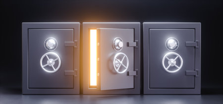 Three metal strongboxes with bright light glowing through half opened door. 3d renderの写真素材