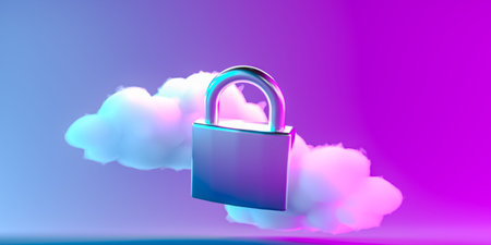 3D illustration. Closed padlock with clouds on an purple background.