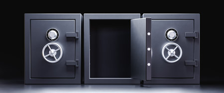 3D illustration. Three safe deposit boxes with one door open.の写真素材