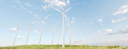 Wind turbines in green field. 3d renderの写真素材