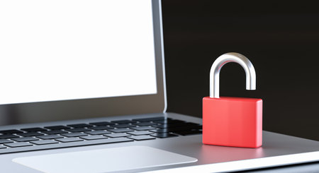3D illustration. Opened padlock on a laptop computer.の写真素材