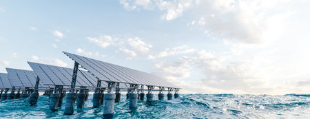 Photovoltaic panels installed in sea. 3D renderの写真素材