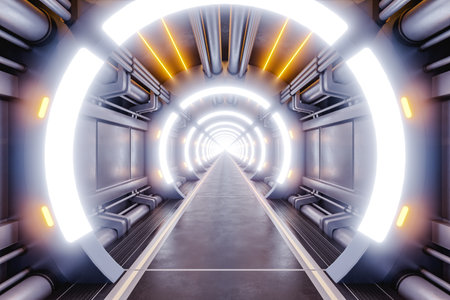 Illuminated hallway of futuristic spaceship. 3d renderの写真素材