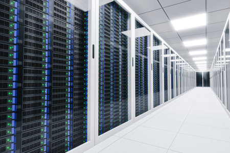 Corridor of a data center server room 3d renderの写真素材