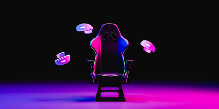 Gamers chair surrounded and virtual reality goggles. 3d renderの写真素材