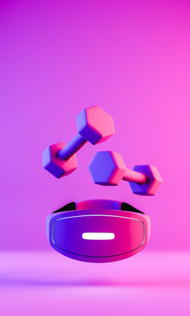 Dumbbells and a virtual goggles levitating. 3d renderの写真素材