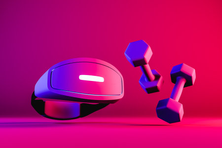 VR headset and dumbbells for training. 3d renderの写真素材