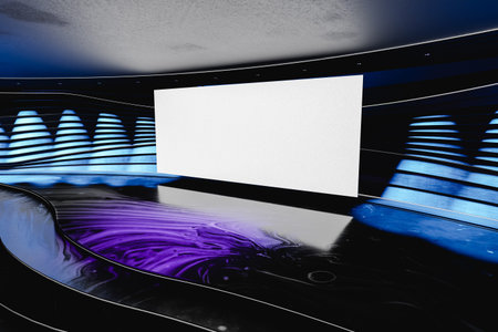 Interior space illuminated with neon lights with a white panel 3d render