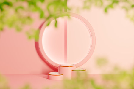 Ring lamp on table with pink product standの写真素材