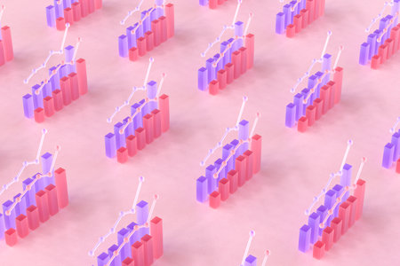 Rows of financial charts on pink surface. 3d renderの写真素材