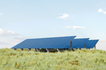 Solar panels in grassy field. 3D render