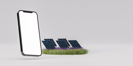 Modern smart phone mock up near solar panelsの写真素材