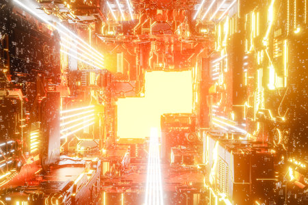 Glowing corridor of futuristic spaceship. 3d renderの写真素材