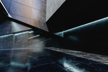 Geometrical interior space with black marble 3d renderの写真素材