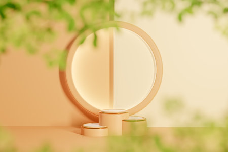 Product presentation display surrounded by plantsの写真素材