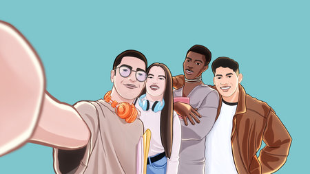 Group of multicultural friends taking a selfie and smiling. illustration.の写真素材