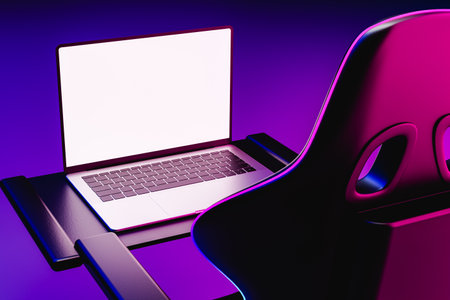 Mock up of laptop next to a gamers chair, 3d renderの写真素材