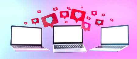 Liked messages amidst modern netbooks mockup. 3d renderの写真素材