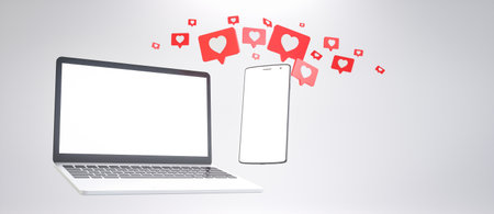 Laptop and mobile with hearts around them 3d renderの写真素材