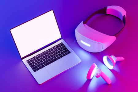 Mock up of a laptop, virtual goggles and game controllers. 3d renderの写真素材