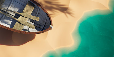 Boat anchored in the sand on the beach 3d renderの写真素材