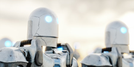 Platinum robots with neon light eyes 3d renderの写真素材